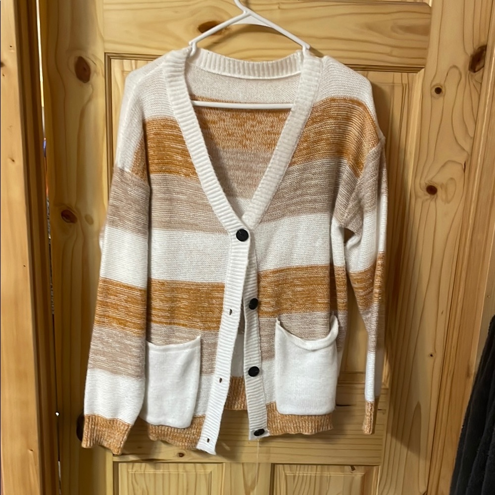 Striped Cardigan Sweater - Cream and Tan